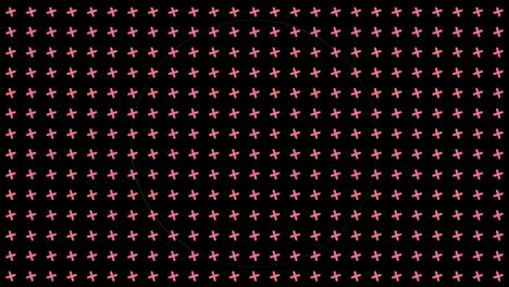 animación de anillos de carga de datos blancos parpadeantes sobre una cuadrícula de cruces rosadas giratorias en negro