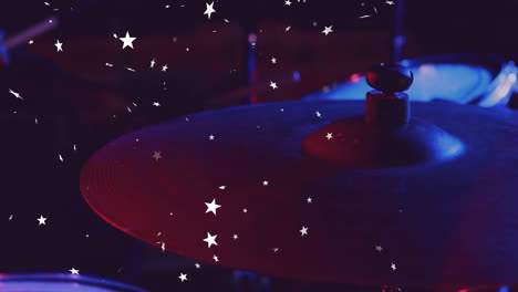3d render drum kit cymbal displaying textured metal under red-blue lighting and star bokeh overlays