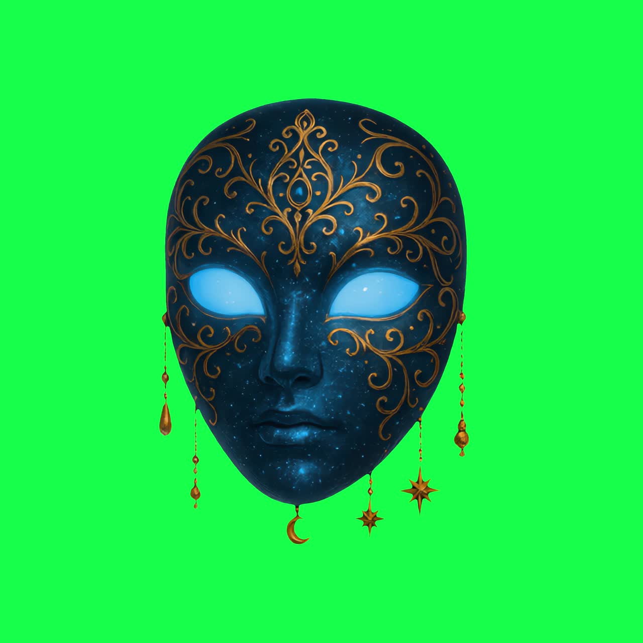 Mystical ornate mask with stars animation, transparent 4K video, green screen