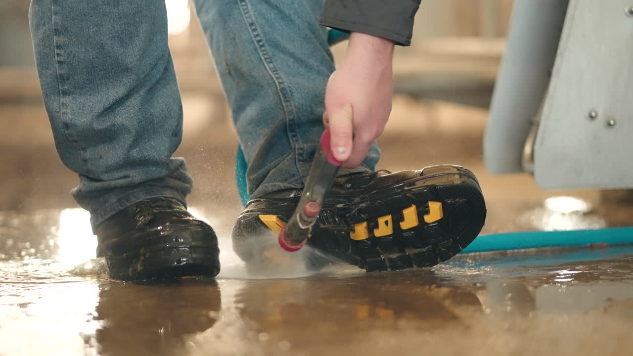 imagen recortada de un hombre lavando botas con una manguera de agua