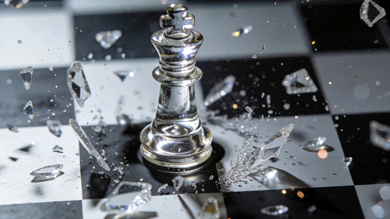 Splintrende klar glas kongebrik slynger skår fra basen på et skakbræt, matterer overfladen.