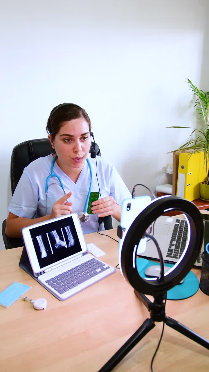 Doctor traumatologist examines x-ray and legs.