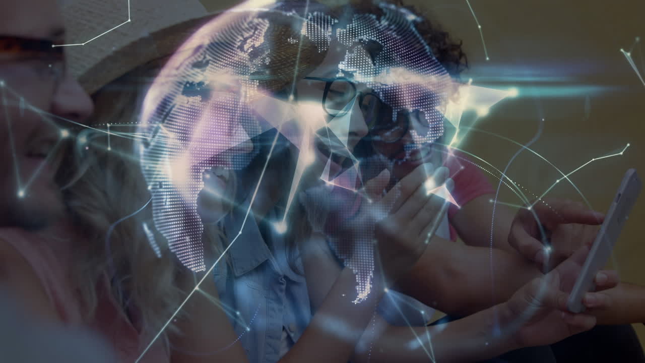 animación del procesamiento de datos con el mundo sobre un grupo diverso de demonios