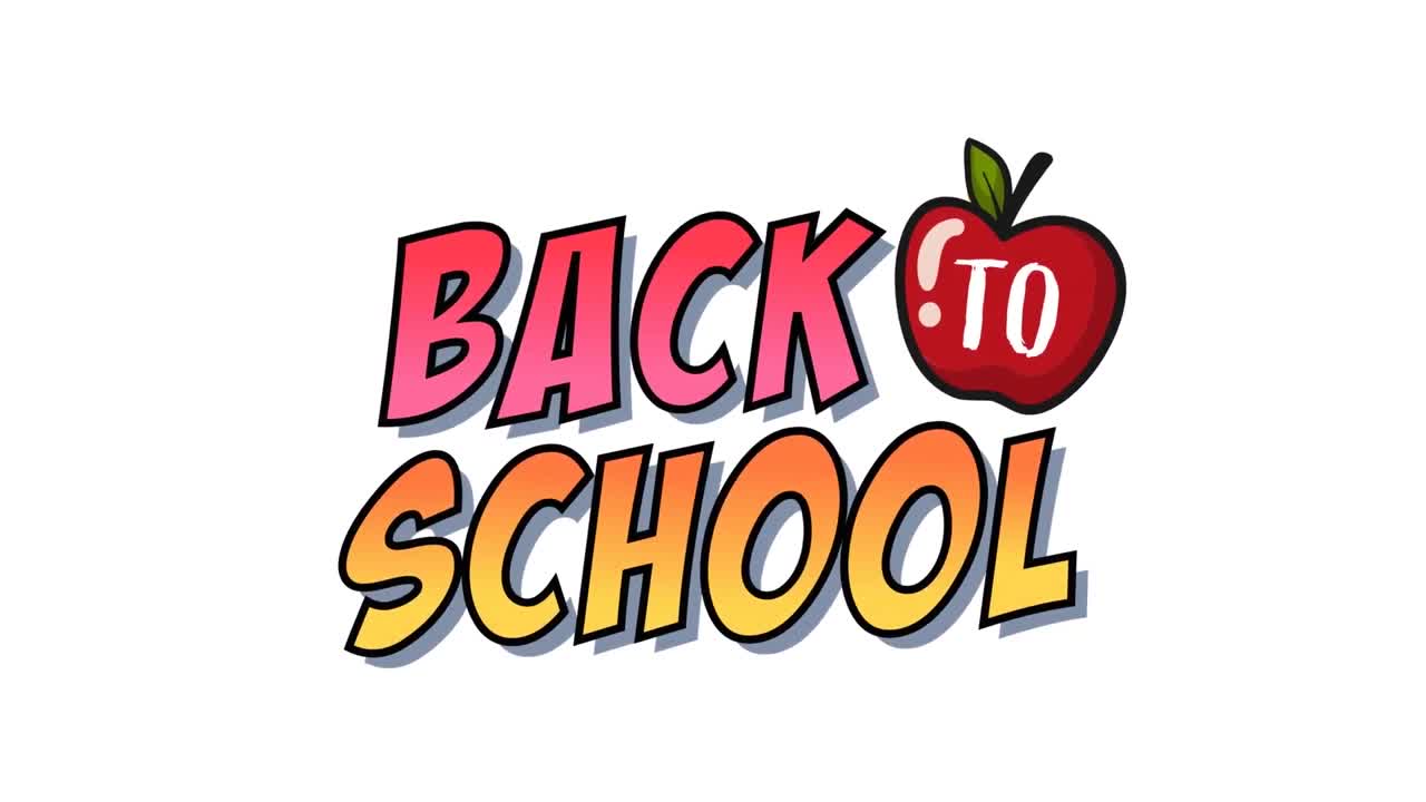 학교 아이템의 줄과  ⁇ 색 배경에 있는 학교 복귀 텍스트의 애니메이션