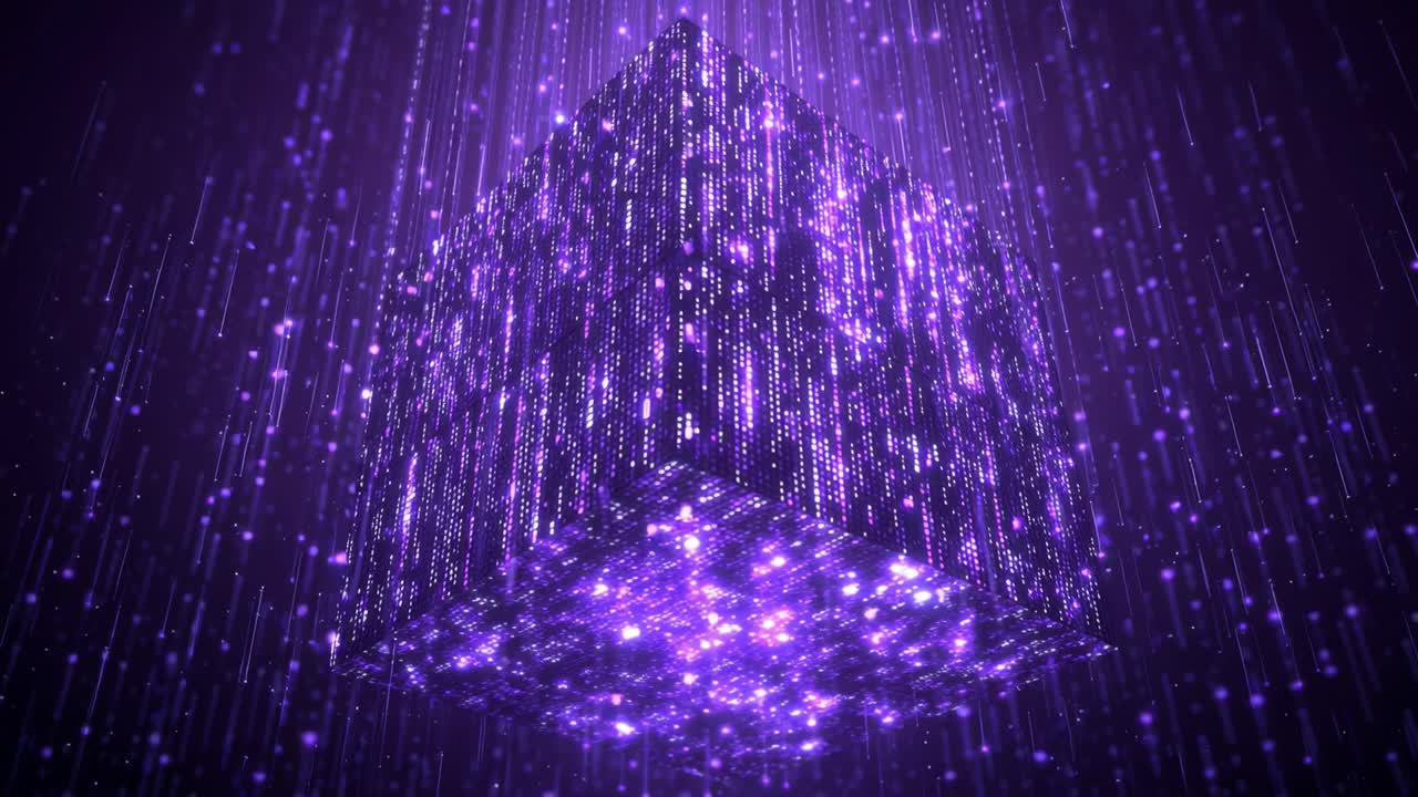 Abstract animation of a glowing purple cube formed by shimmering particles, rotating majestically amidst a cascade of digital light streams, representing futuristic technology and data transfer