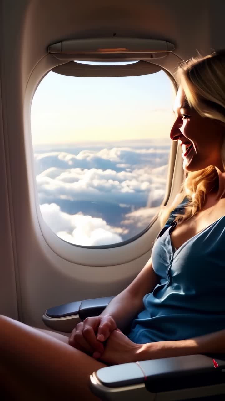 A woman is smiling and looking out the window of an airplane