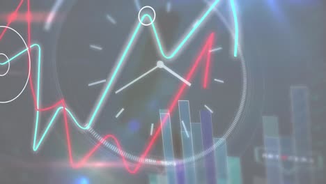 Animation-of-multicolored-graph,-clock,-trading-board-over-map-in-background