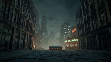 retro futuristic city night scene