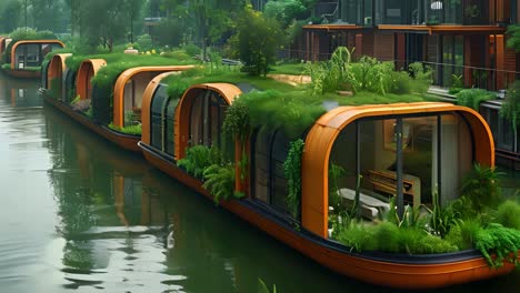modern houseboats with green roofs on a canal