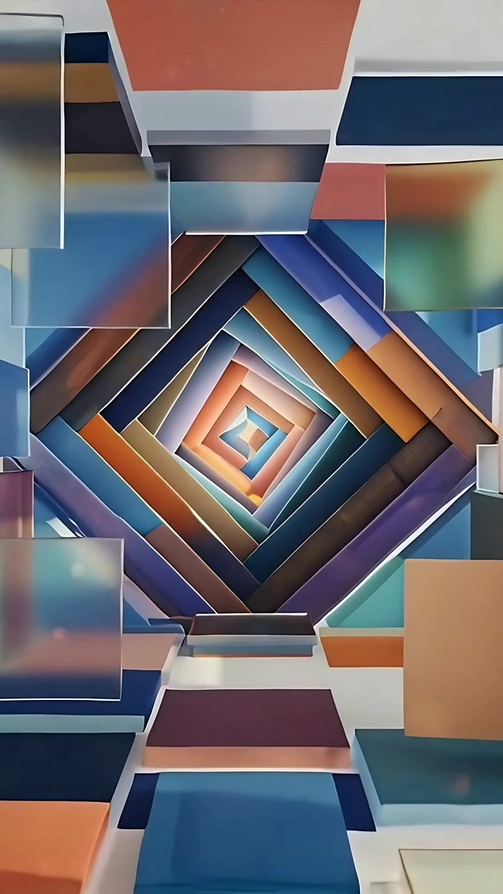 Video verticale: Telecamera che avanza verso l'interno in un tunnel 3D, mostrando pannelli impilati, spirale a diamante