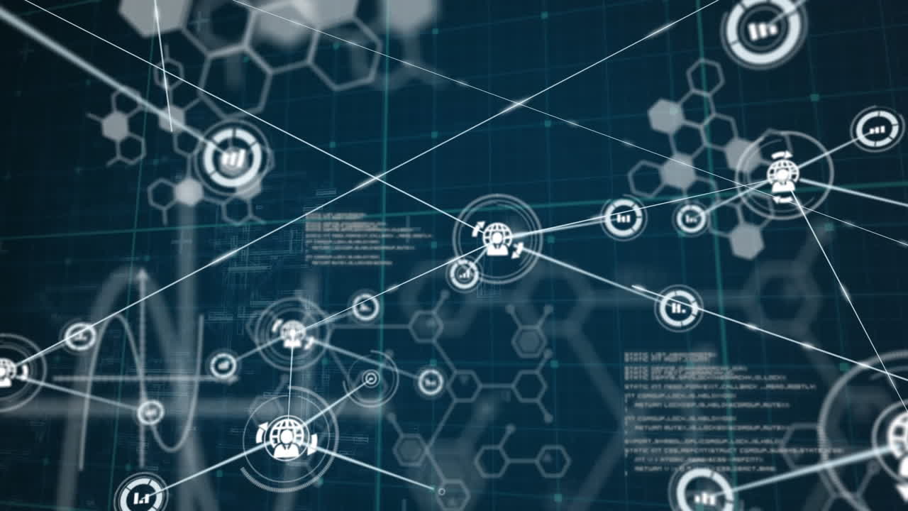 animación de la red de conexiones con iconos sobre el procesamiento de datos