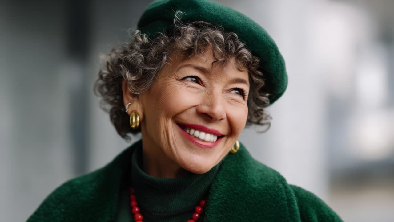 Un'anziana signora gioiosa con un elegante abito verde e un basco irradia sicurezza e calore, catturando la bellezza dell'invecchiare con grazia con un sorriso radioso.