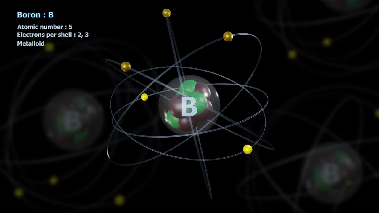 átomo de boro con 5 electrones en rotación orbital infinita con átomos