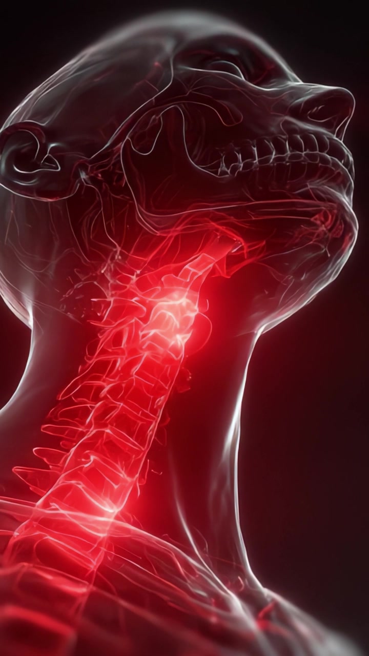 Esplorando l'anatomia umana: Un'analisi dettagliata della struttura spinale e del sistema nervoso che evidenzia la luminescenza nella regione del collo