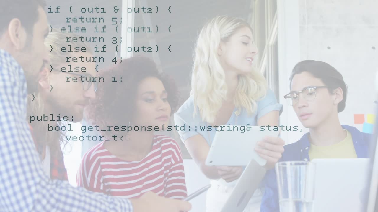 Blonde woman holding tablet and scrolling C++ overlay while colleagues nodding for tech code review