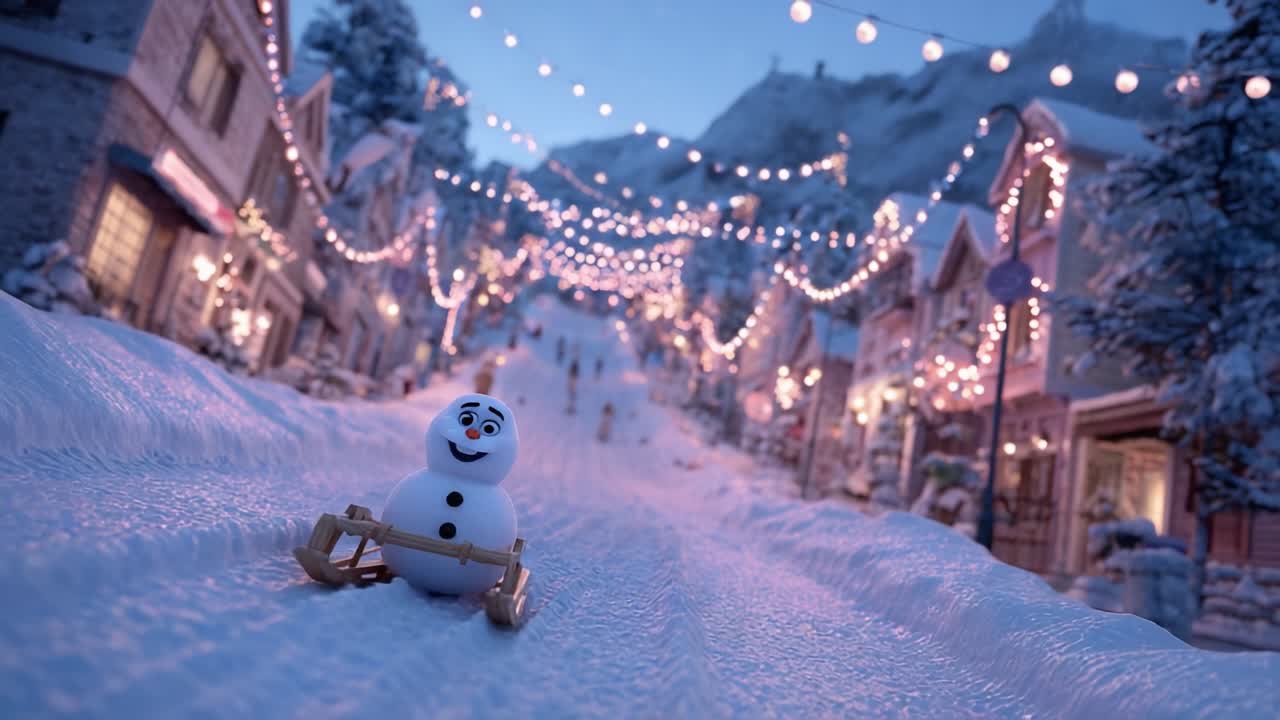 A Charming Winter Wonderland: A Playful Snowman on a Snow-Covered Hill Beneath Twinkling Lights in a Festive Village