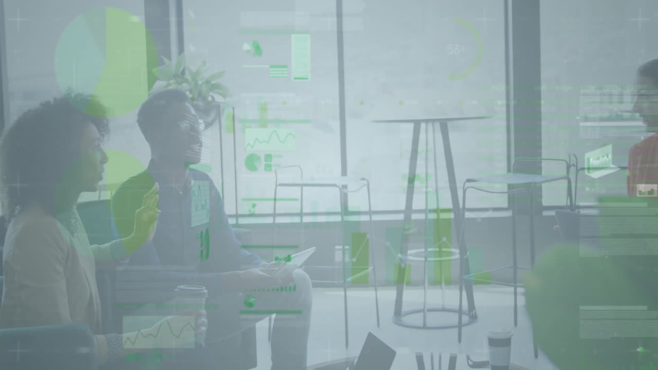 Business meeting with data analytics animation over modern office setting