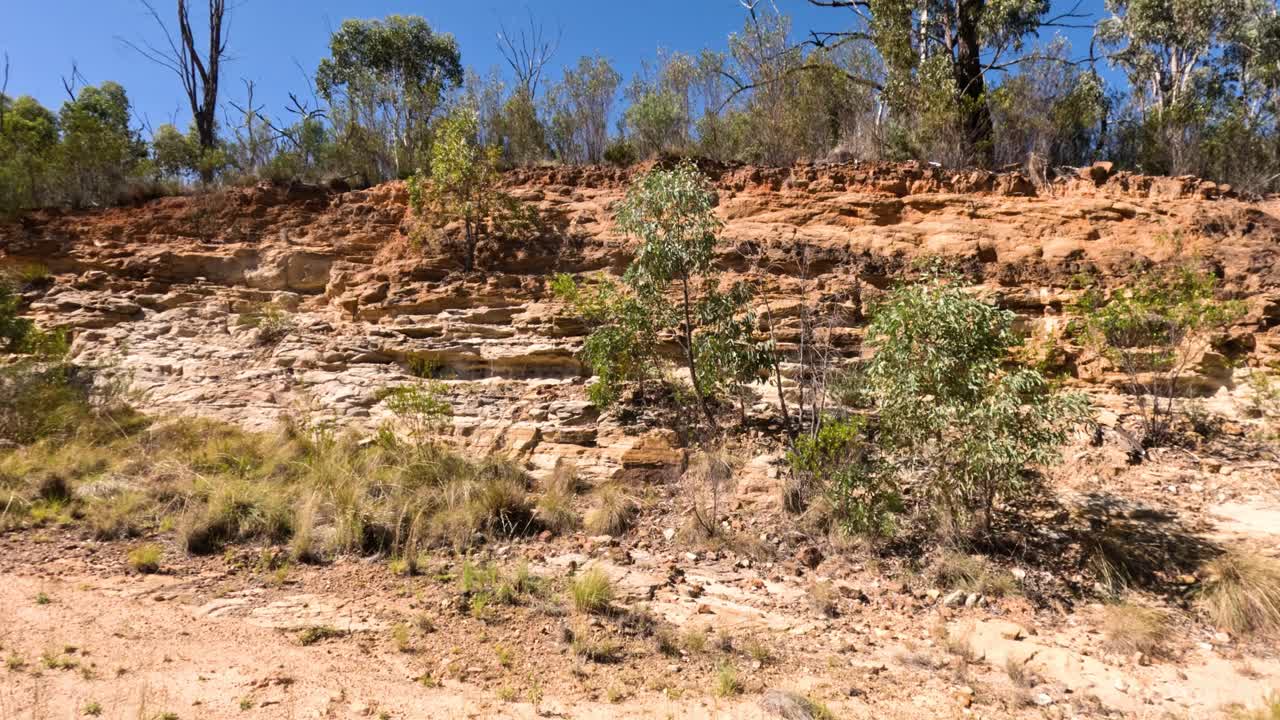 ladera rocosa con árboles y cielo despejado