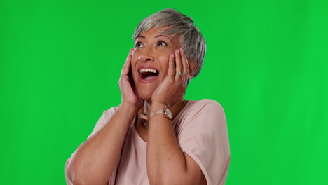 Senior-woman,-celebrate-and-green-screen-studio