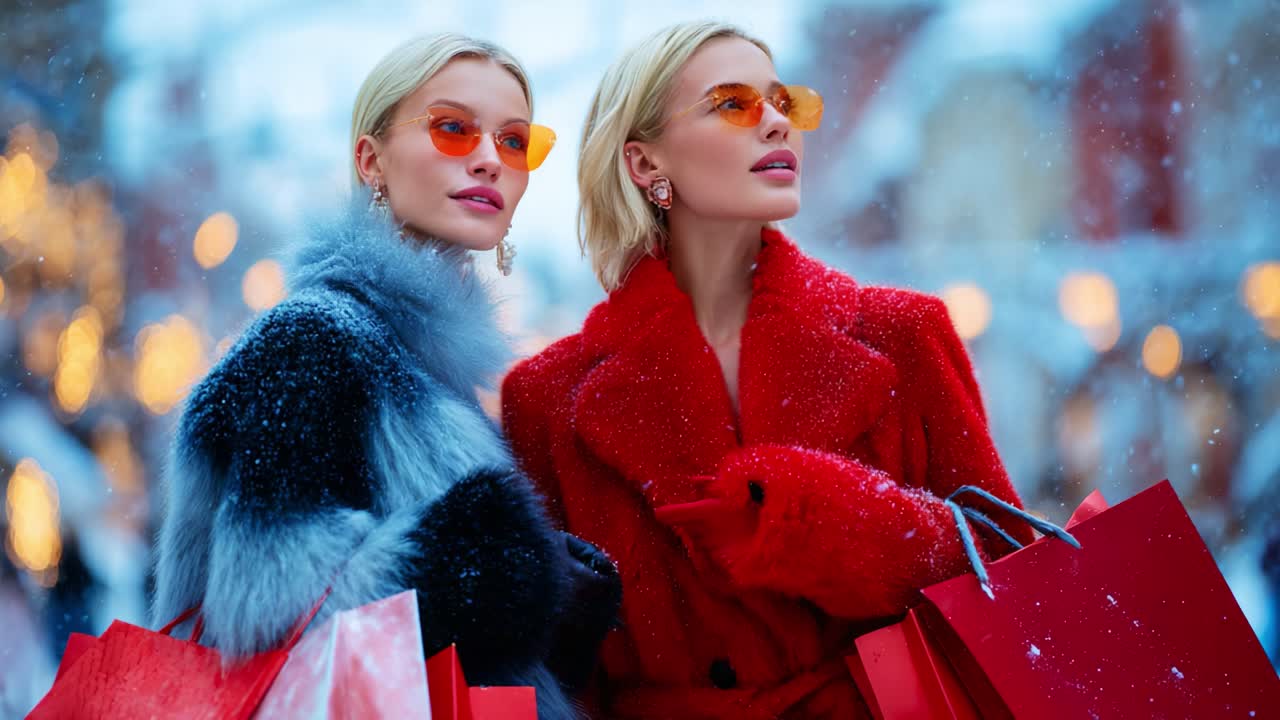Two Stylish Women in Winter Fashion: Posing Elegantly in Colorful Coats with Shopping Bags Against a Snowy Backdrop, Exuding Confidence and Glamour in a Chic Urban Setting