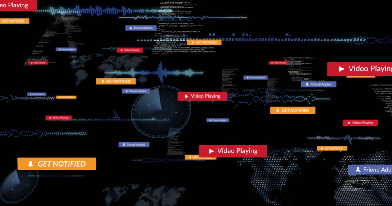 UI badges sliding, clustering after cursor hovering, radar sweeping, waves growing, showing alerts