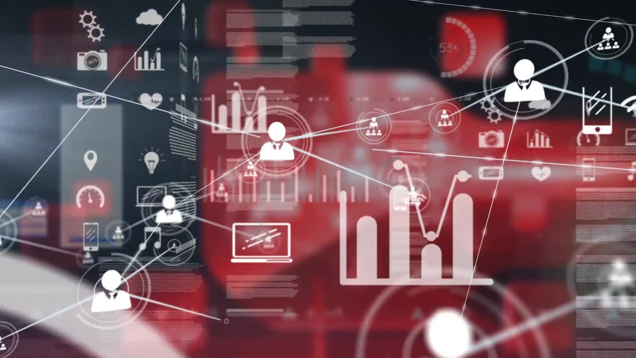 animación de una red de iconos digitales sobre pantallas con procesamiento de datos contra un fondo rojo