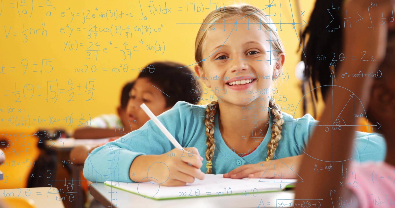 girl student writing math assignment in classroom, with animated graphs floating around