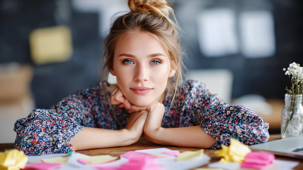 A thoughtful young woman poses in a creative workspace surrounded by colorful sticky notes, exuding confidence and inspiration as she engages in her work or project