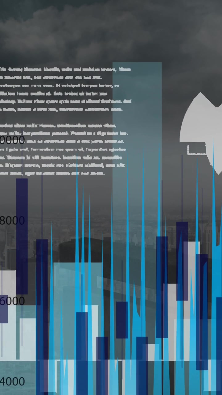 Animation of multiple graphs with data over modern cityscape against cloudy sky