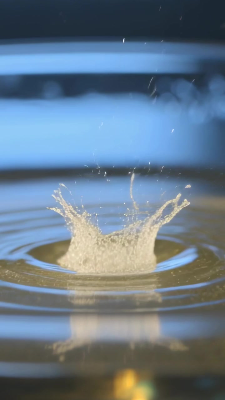 Video verticale: Goccia che cade formando uno schizzo a corona, inviando goccioline e increspature in una ciotola da studio.