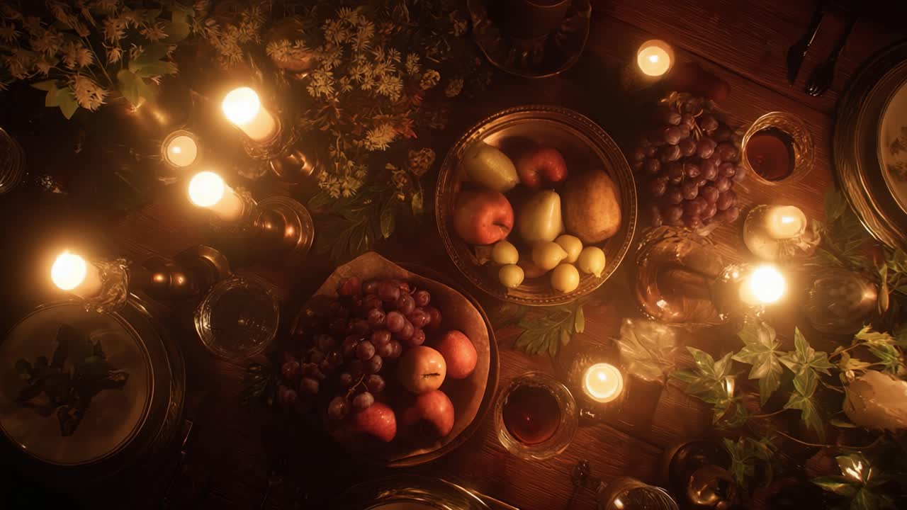 An Enchanting Evening Feast: A Beautifully Set Table Luxuriously Adorned with Fruits and Candles, Inviting Guests to Experience Cozy Togetherness and Delightful Flavors