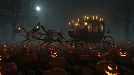 A Spine-Chilling Halloween Scene Featuring a Haunted Carriage Pulled by Skeleton Horses Amidst a Field of Illuminated Jack-o&#039;-Lanterns Under a Moonlit Sky