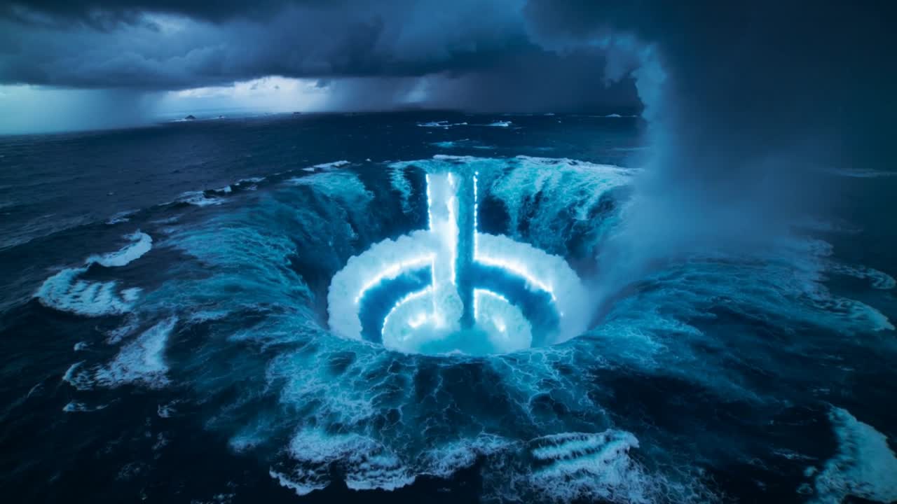 Swirling at sea vortex emitting beam and plume, drawing water inward as storm front advancing