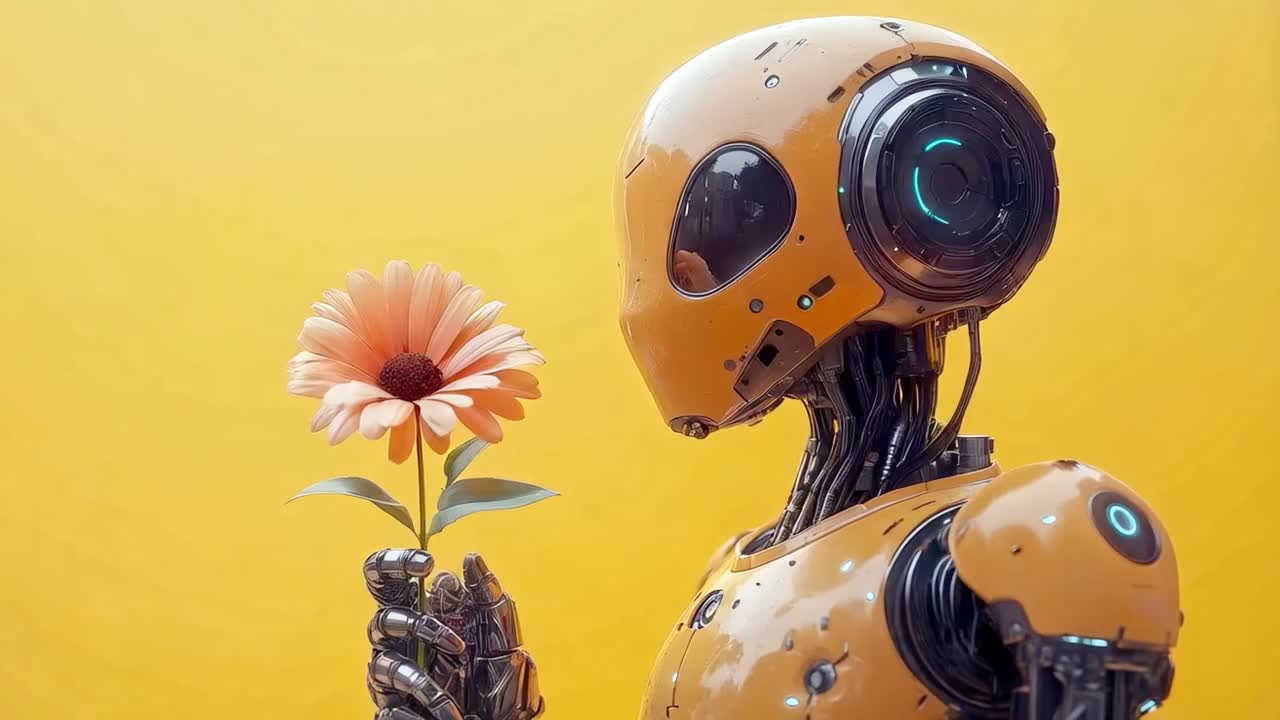 Robot som holder en blomst