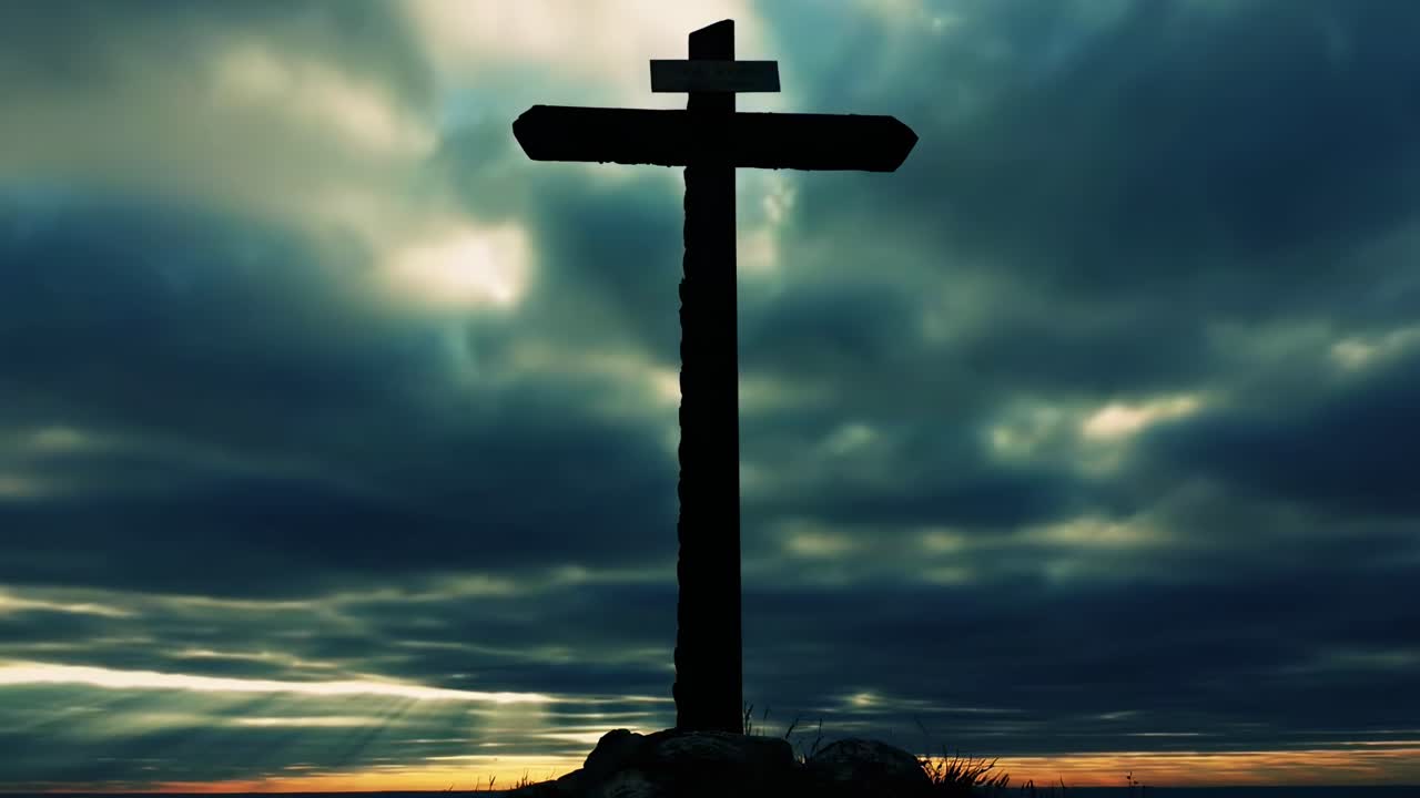 Silueta de una cruz al atardecer, toma en contrapicado. Estilo de video dramático y cinematográfico. Fondo de escritorio animado