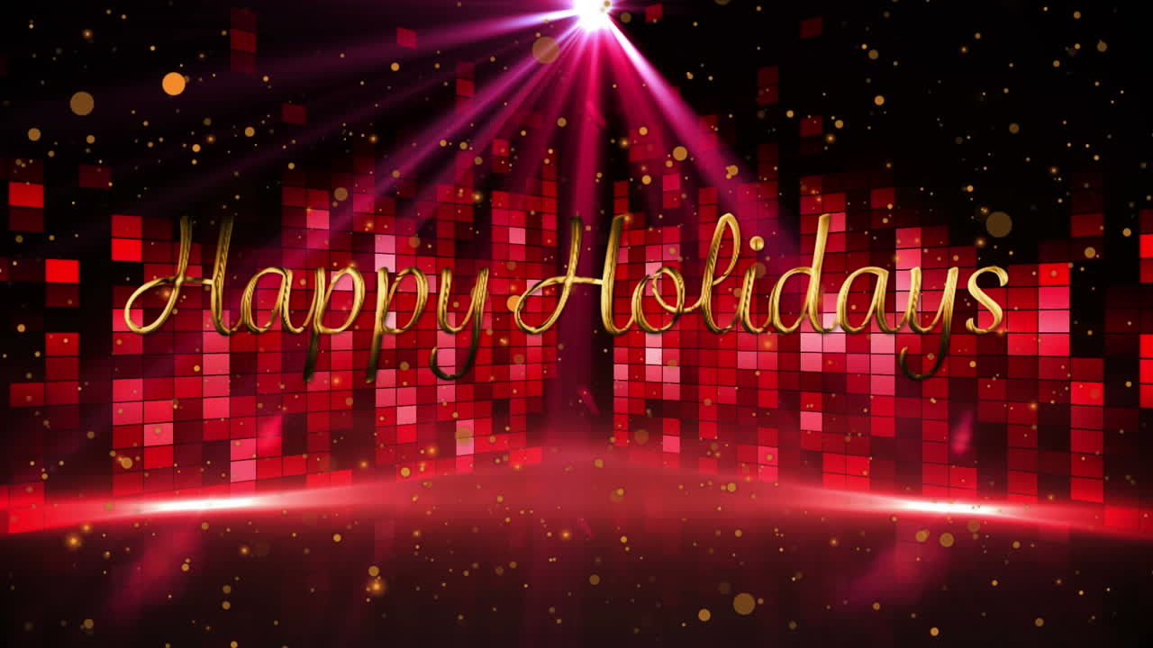 행복한 휴일 텍스트와 오렌지색 반점이 검은색 배경에  ⁇ 은 모자이크 사각형 위에 떠 있습니다.