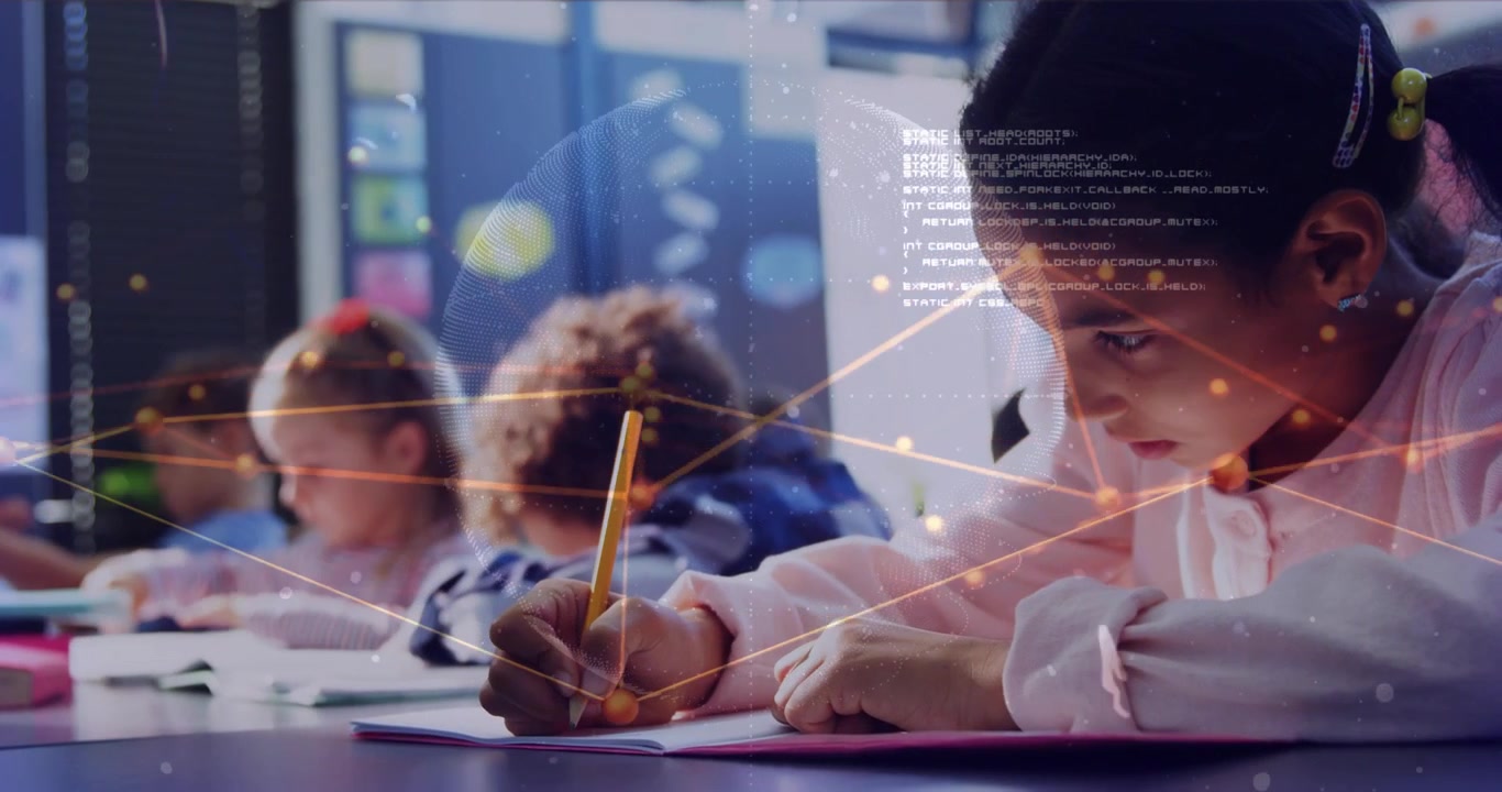 Children writing on paper in classroom activating network nodes and code linking to globe mesh
