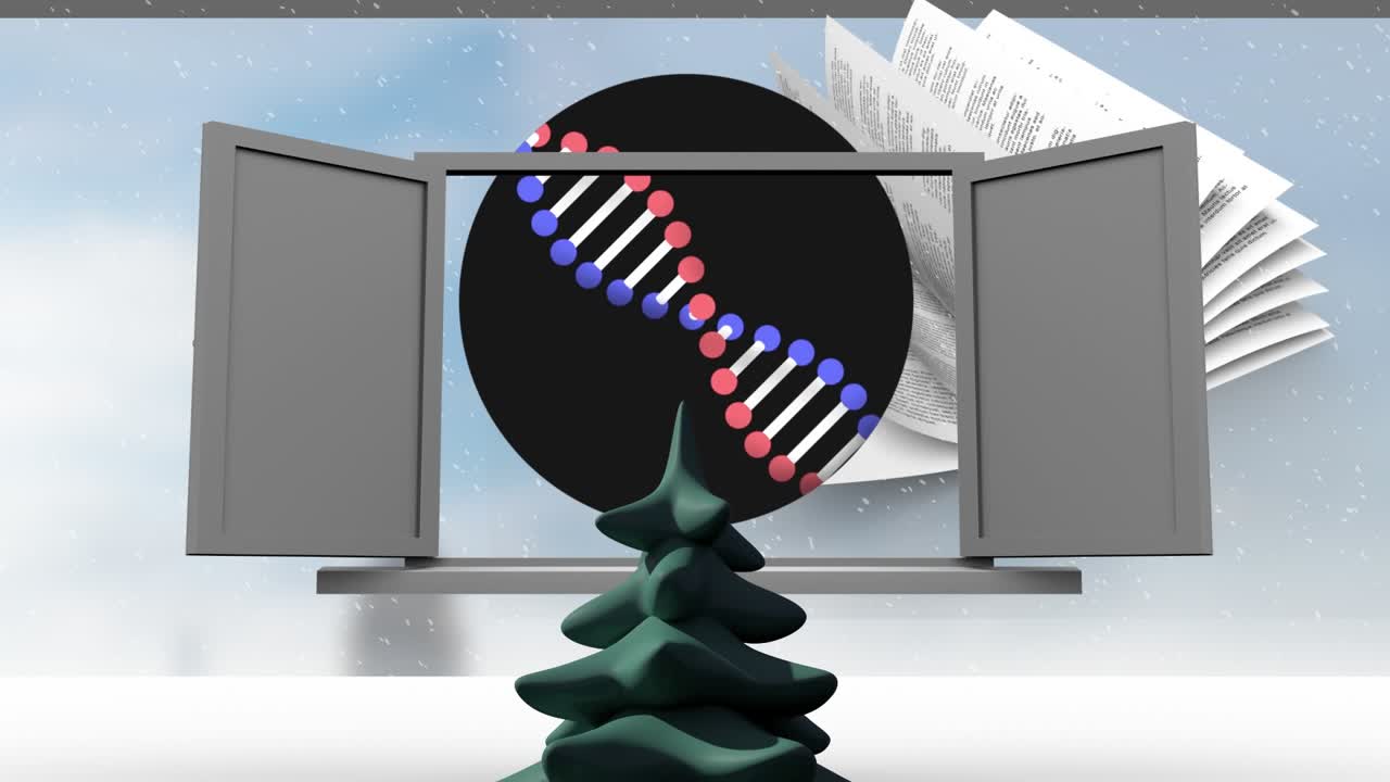 Animation einer sich drehenden DNA-Kette über einem Netzwerk von Icons