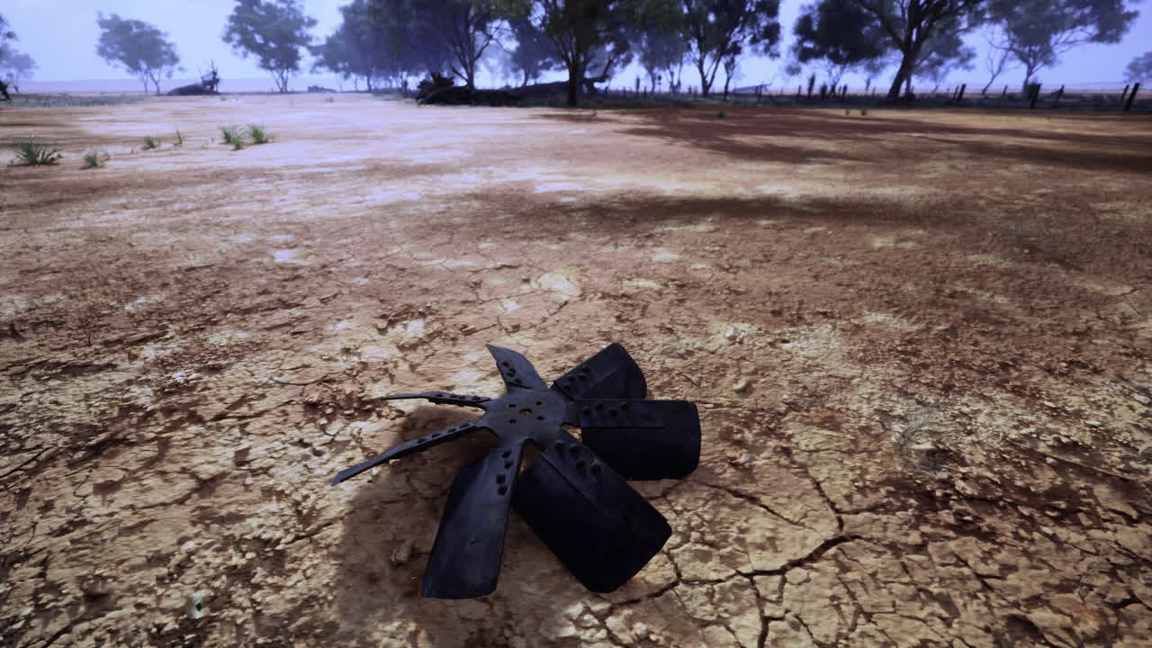 Dried landscape with metal object resting on cracked earth in quiet area