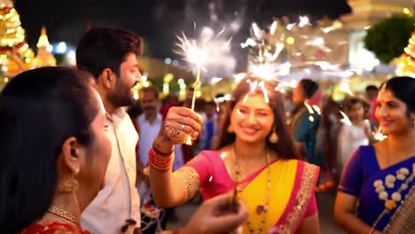 a group of people celebrating diwali with fireworks and sparklers