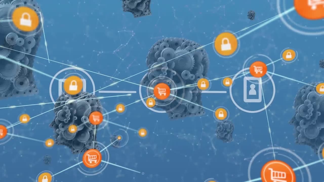 animación de la red de conexiones con iconos sobre cabezas humanas con engranajes