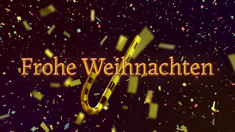 Animation-Des-Textes-„Frohe-Weihnachten“-über-Zuckerstangen-Und-Konfetti,-Die-Auf-Schwarzen-Hintergrund-Fallen