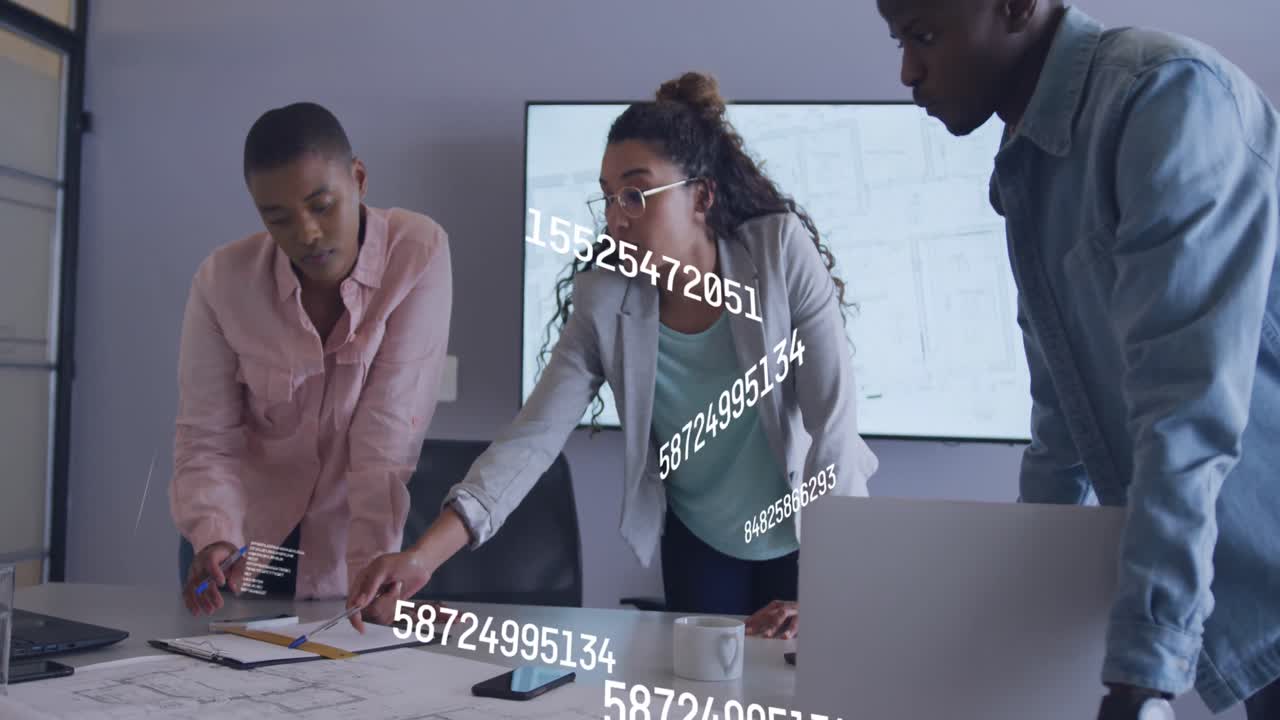 Animation of data processing over diverse business people in office