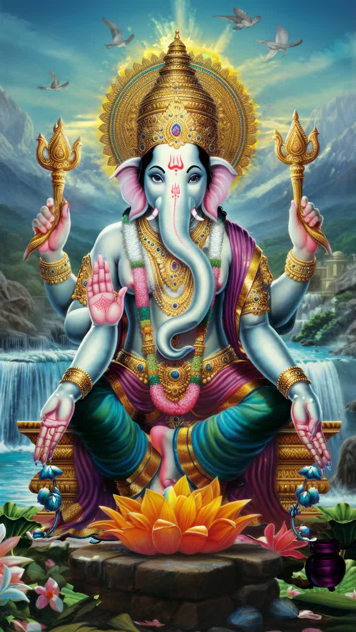 Vibrant video-style depiction of a multi-armed deity, seated with a serene expression