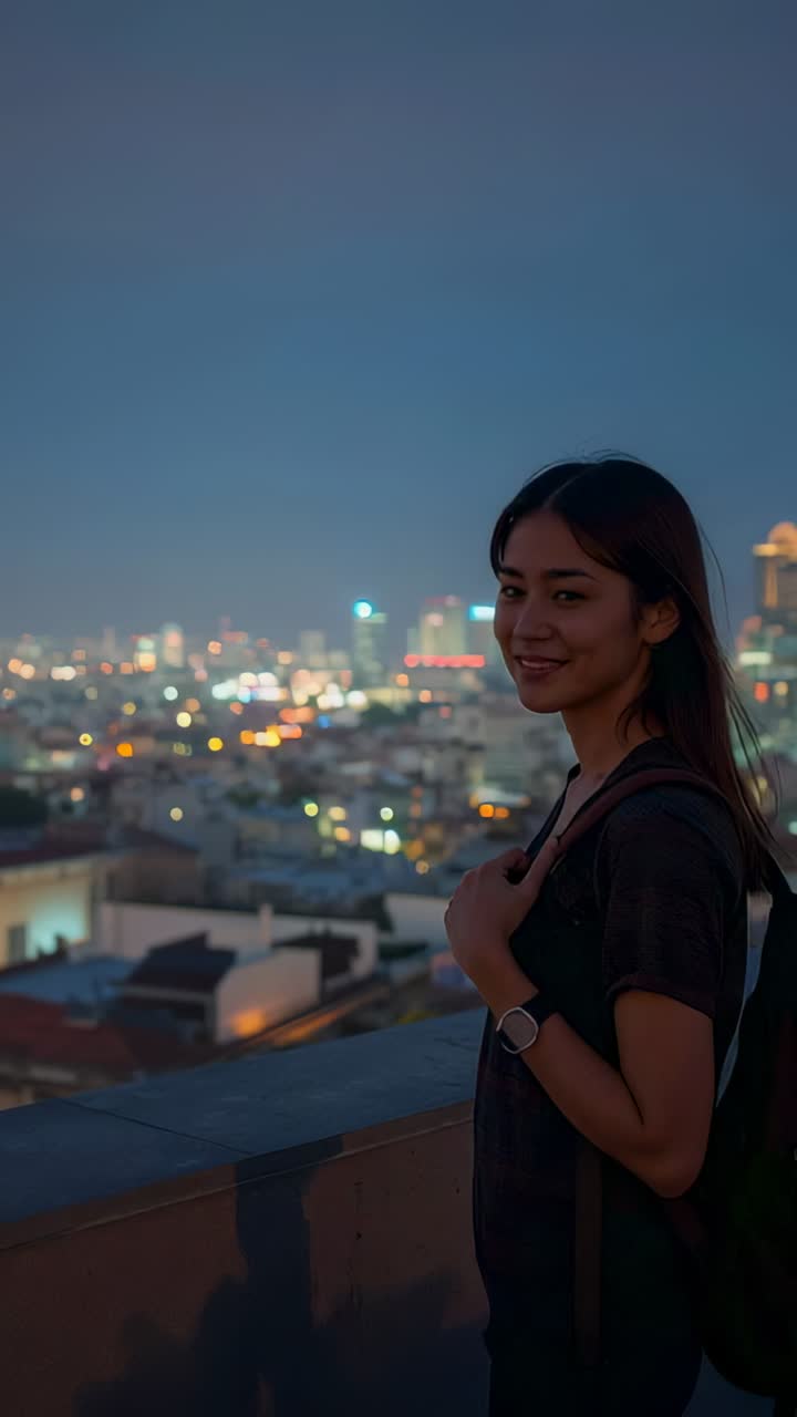 Vertical video: Smiling woman with backpack by parapet, turning, gazing as lights glow, copy space