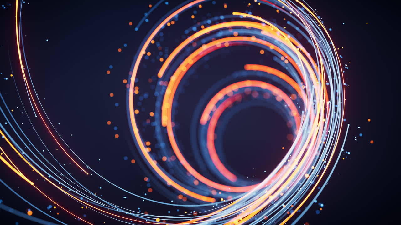 Rotating glowing vortex lines and particles background, 3d rendering.