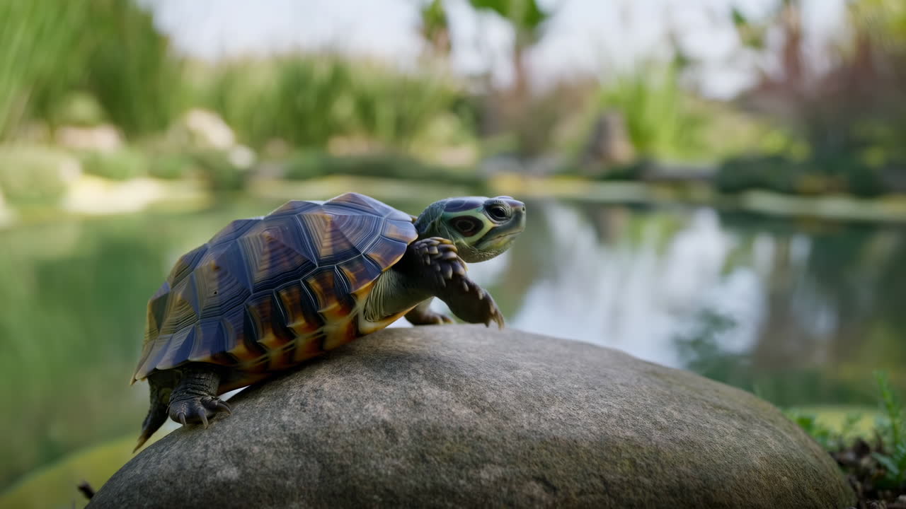 Turtle On Rock By Pond Curious Freshwater Turtle Climbs Sunlit Stone, Head Raised, Gentle Reflections