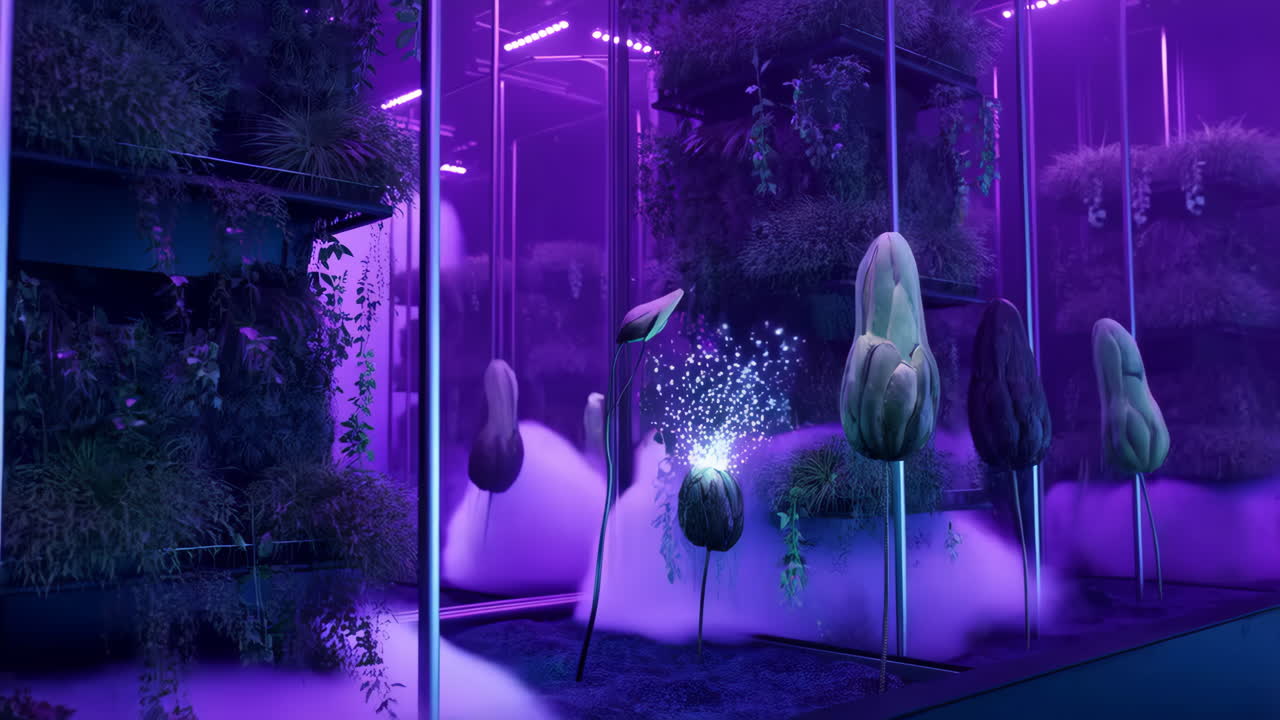 Mesmerizing Futuristic Botanical Display with Purple Neon Lighting and Mystical Fog