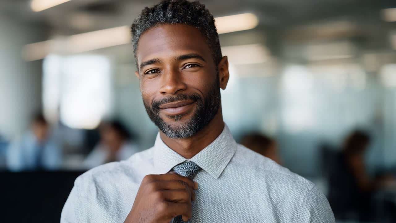 A Confident Professional Male Adjusting His Tie with a Warm Smile, Captured in a Modern Office Environment, Radiating Charm and Executive Poise, Showcasing Personal Style and Professionalism