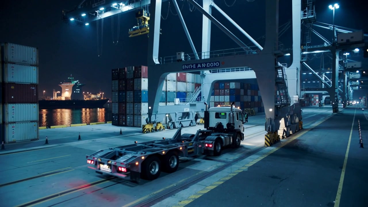 Approaching from left, white truck with empty chassis moving along quay under gantry, for pickup